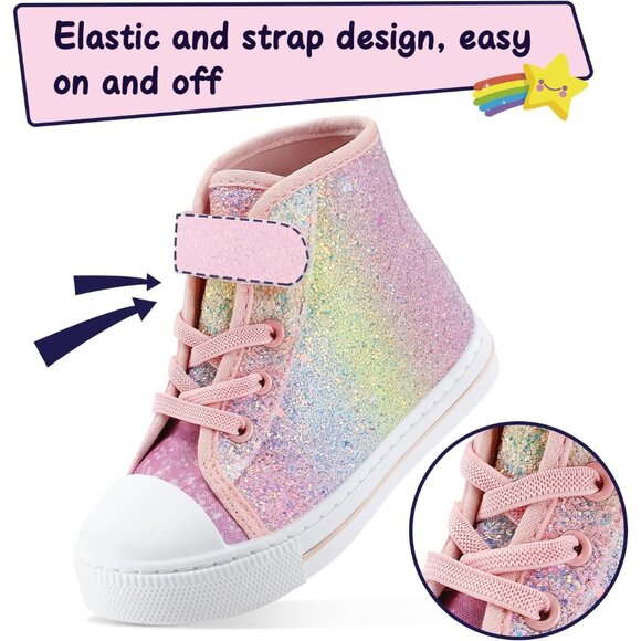 Toddler Glitter Sneakers Girls Canvas High Top Walking Shoes With Hook and Loops - Picture 3 of 9